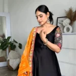 Black Anarkali With Embroidered Sleeves And Yellow Heavy Work Duppatta 6