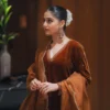 Burnt orange velvet suit with embroidered dupatta and pants 2