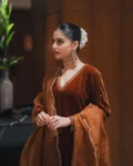 Burnt orange velvet suit with embroidered dupatta and pants 2