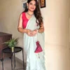 Sea Green Ruffle Saree With Mirror Work Hot Pink Blouse 2