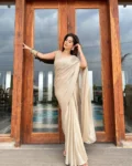 Tan gold laser georgette saree with oat golden blouse 2