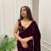 Wine Velvet Saree With Embroidered Blouse 2