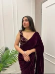 Wine Velvet Saree With Embroidered Blouse 2