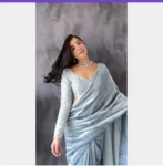 Silver grey velvet saree with embroidered blouse 3