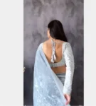 Silver grey velvet saree with embroidered blouse 4
