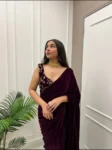 Wine Velvet Saree With Embroidered Blouse 3