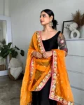 Black Anarkali With Embroidered Sleeves And Yellow Heavy Work Duppatta 3