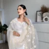 Milky white uppad silk suit with organza hand embroidered duppatta 2