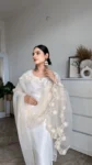 Milky white uppad silk suit with organza hand embroidered duppatta 2