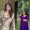 Off white embroidered sharara set and purple gajji silk lehenga