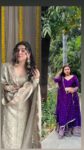 Off white embroidered sharara set and purple gajji silk lehenga