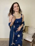 Royal Blue Sharara Set With Hand Work Buttis And Mirror Work Lace Duppatta 3